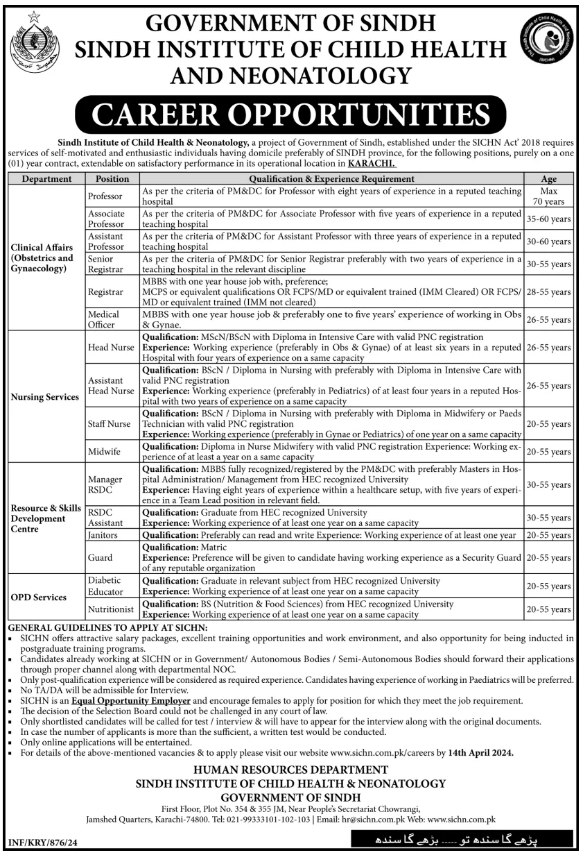 Sindh Institute Of Child Health & Neonatology SICHN Jobs – Sindh Institute of Child Health and Neonatology Jobs 2024 — original advertisement