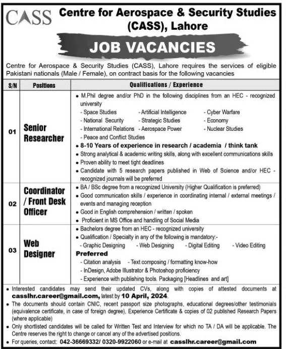 Centre For Aerospace And Security Studies CASS Jobs 2024 – Centre For Aerospace & Security Studies CASS Jobs 2024 — original advertisement