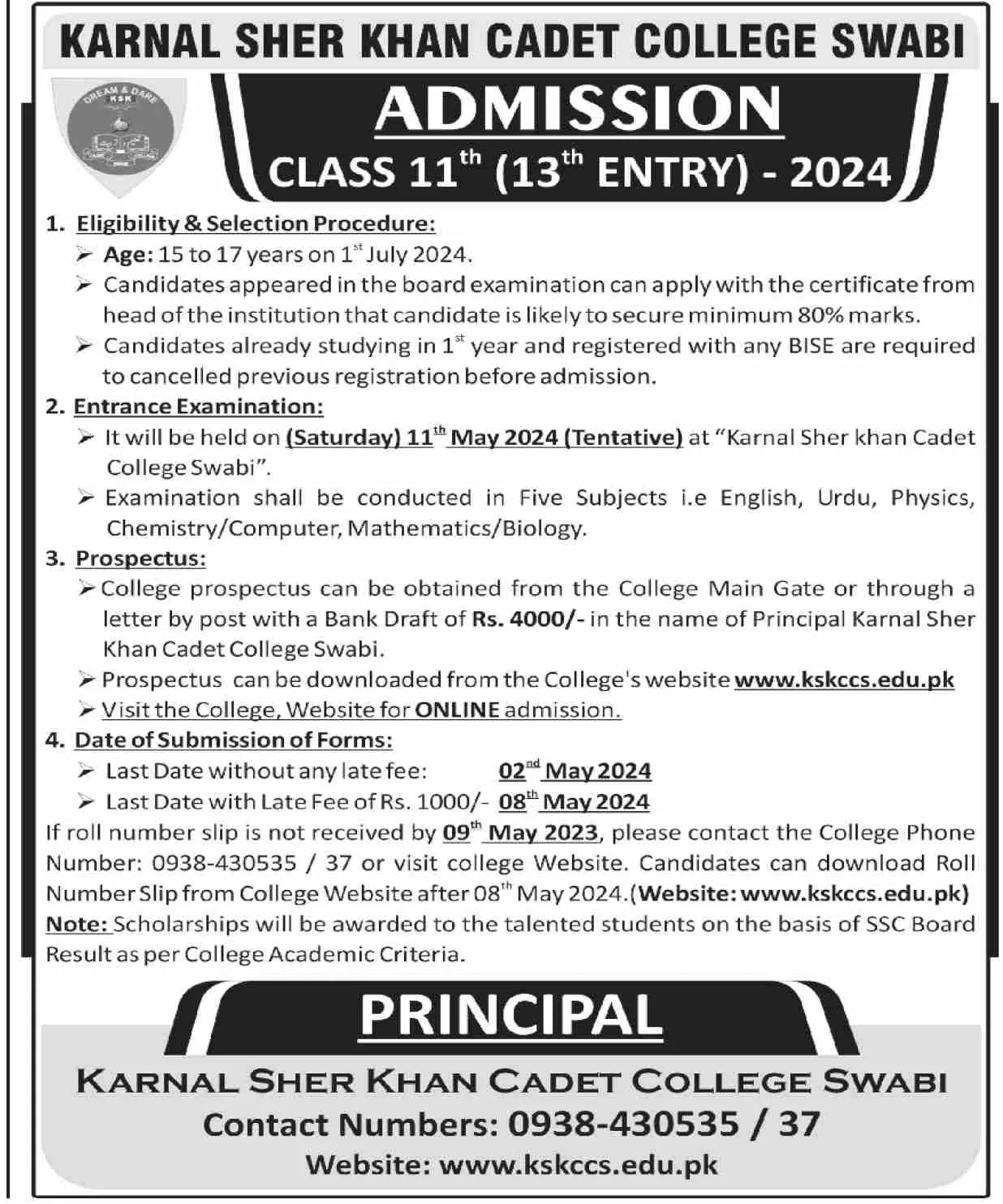 Admissions Open in Karnal Sher Khan Cadet College Swabi Admissions 2024 — original advertisement