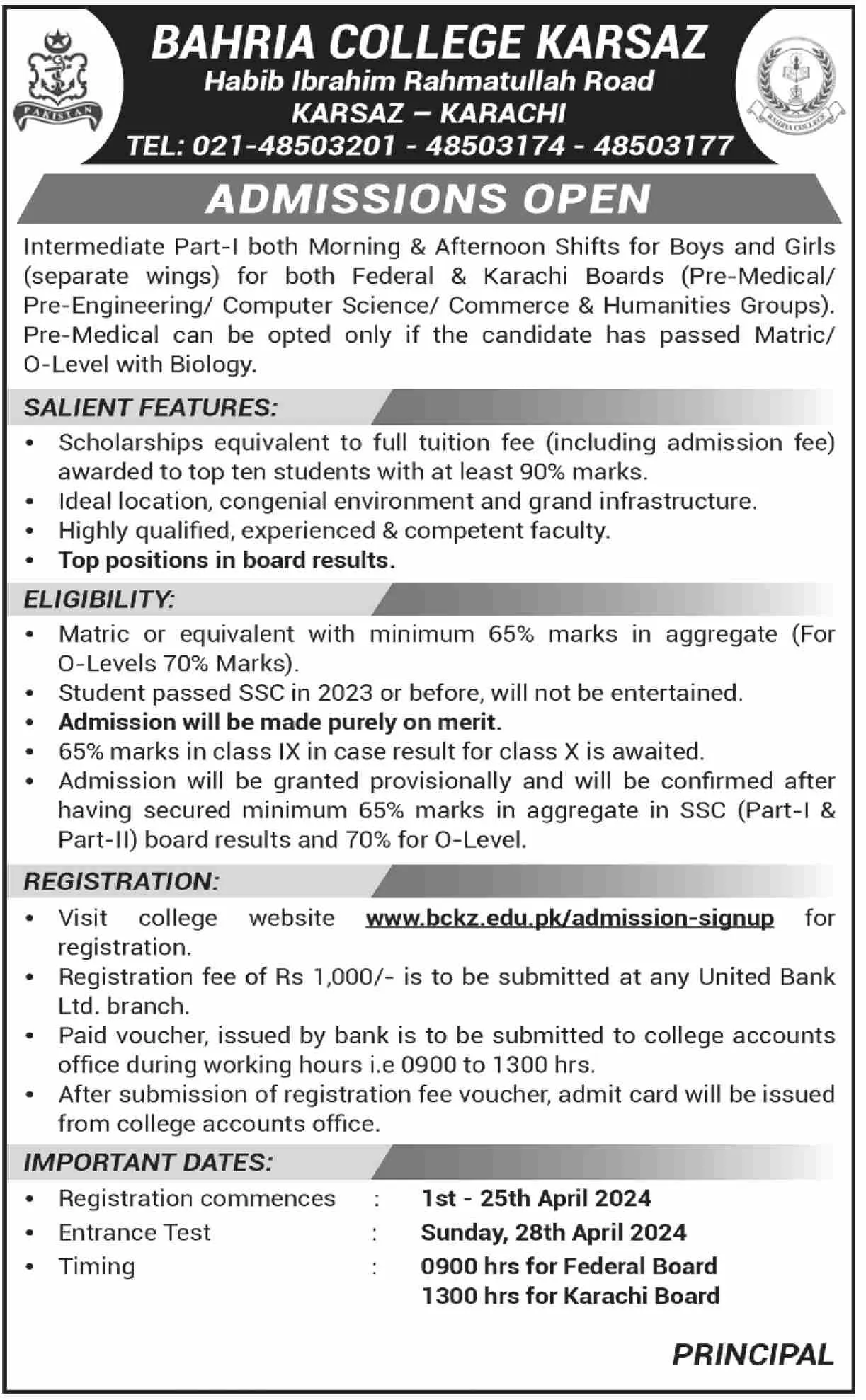 Admission Open in Bahria College Karsaz Karachi 2024 Admissions 2024 — original advertisement
