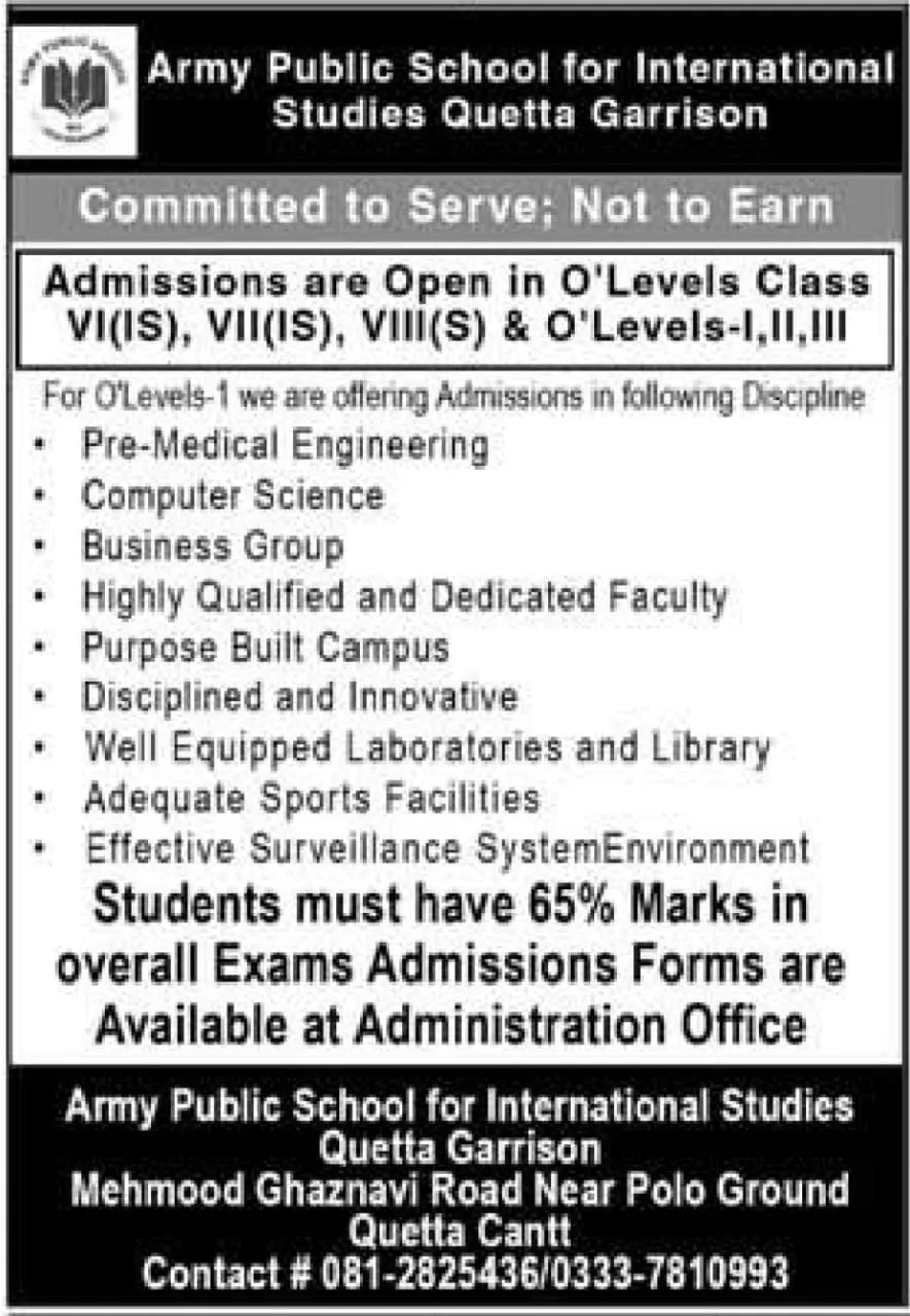Admission Open in Army Public School For International 2024 – Army Public School & College Paksitan Admissions 2024 — original advertisement