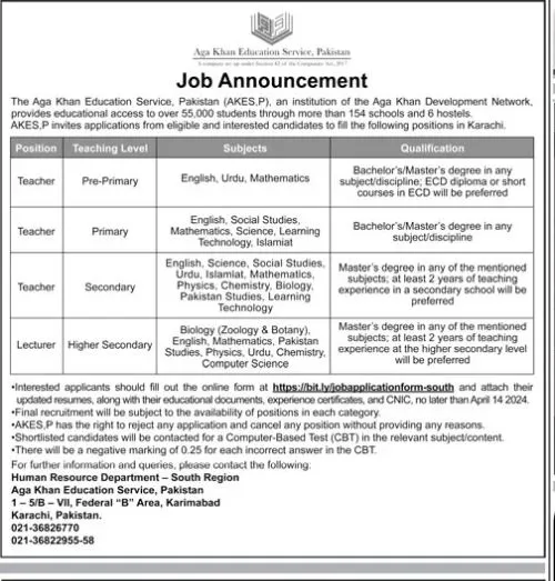 Aga khan Education Service Pakistan Jobs 2024 Jobs 2024 — original advertisement