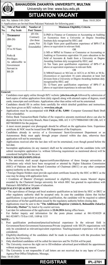 Bahauddin Zakariya University Multan BZU Multan Jobs 2024 Jobs 2024 — original advertisement