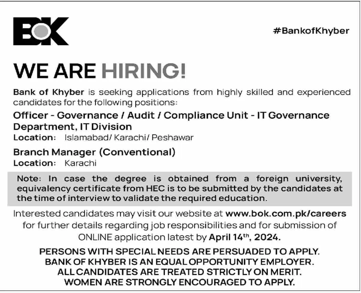 The Bank of Khyber BOK Karachi Jobs 2024 Jobs 2024 — original advertisement