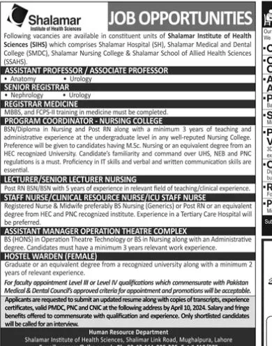 Shalamar Institute Of Health Sciences Jobs 2024 Jobs 2024 — original advertisement