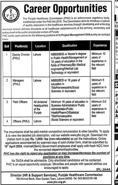 Punjab Healthcare Commission PHC Lahore Punjab Jobs 2024 Jobs 2024 — original advertisement
