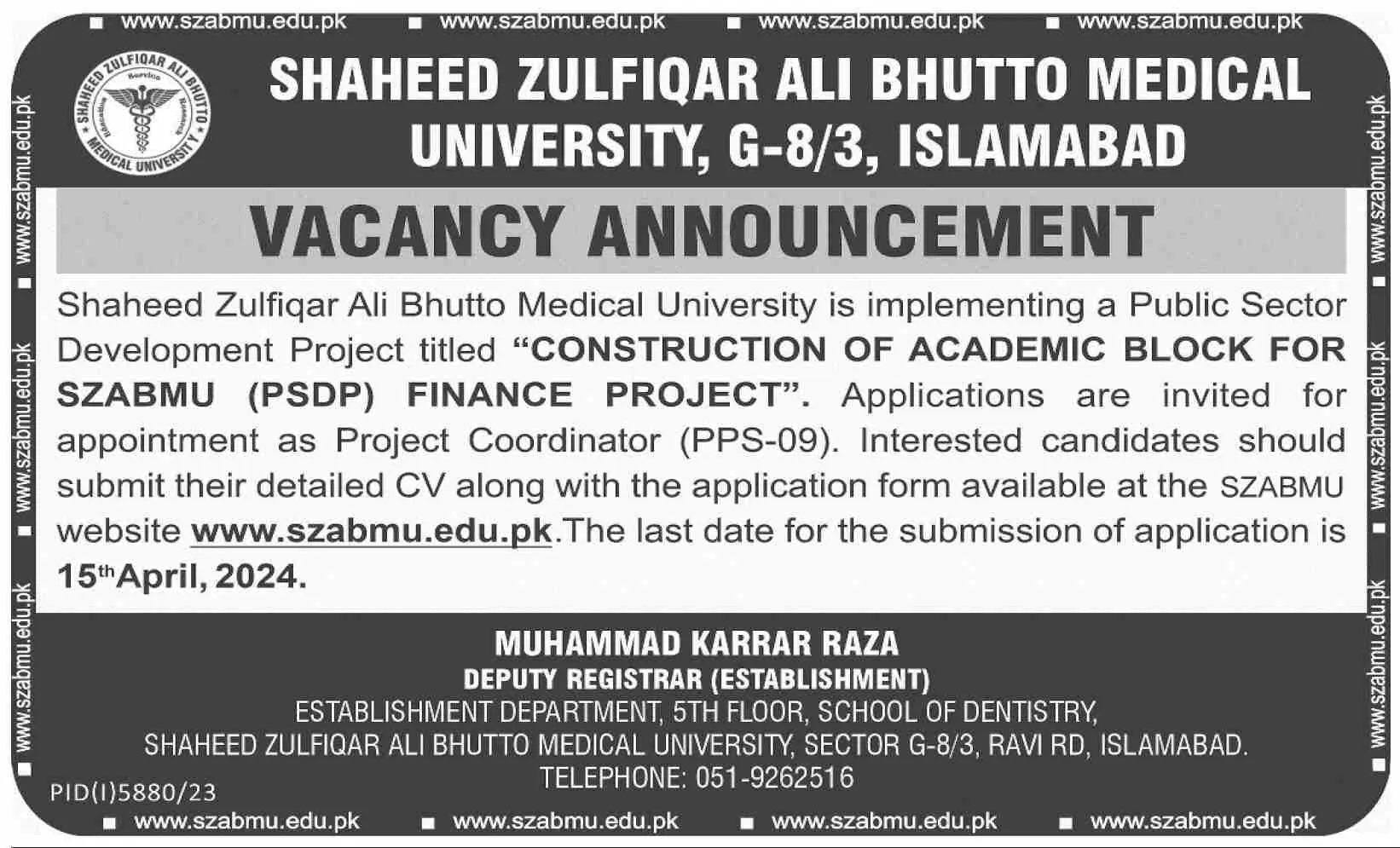 Shaheed Zulfiqar Ali Bhutto Medical University SZABMU Jobs – Shaheed Zulfiqar Ali Bhutto Medical University Islamabad Jobs 2024 — original advertisement