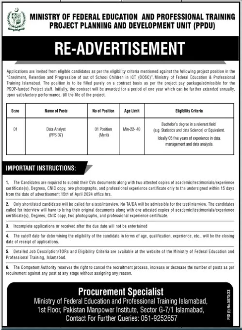Ministry of Planning Development and Special Initiative Jobs – Ministry of Planning Development & Special Initiatives Islamabad Jobs 2024 — original advertisement