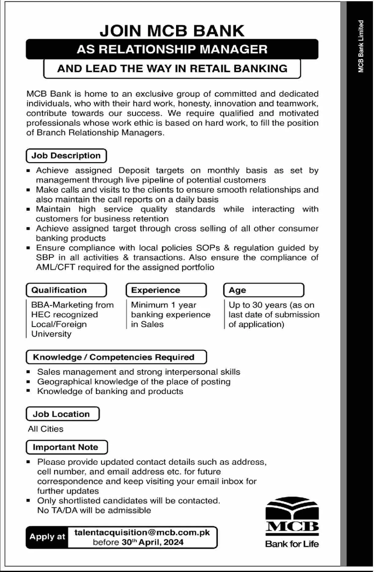 MCB Bank Karachi Sindh Job 2024 – Muslim Commercial Bank Jobs 2024 — original advertisement