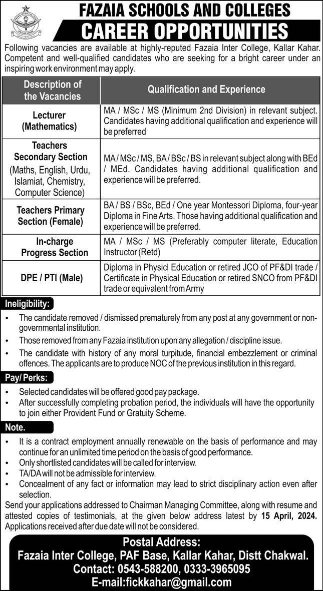 Fazaia School and College chakwal Punjab Jobs 2024 – Fazaia Schools & Colleges Jobs 2024 — original advertisement