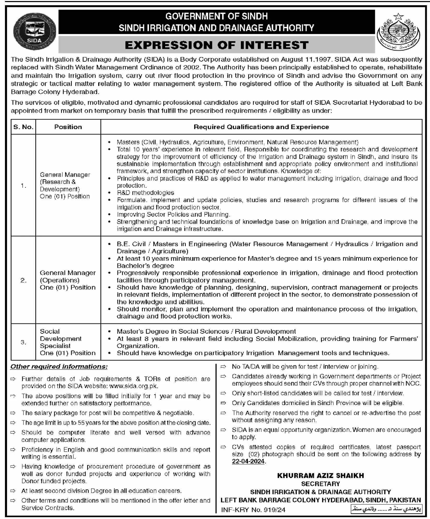 Sindh Irrigation & Drainage Authority Jobs 2024 – Irrigation Department Sindh Jobs 2024 — original advertisement