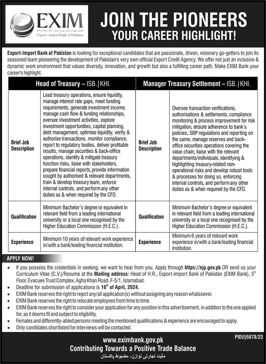 EXIM Export Import Bank Of Pakistan Jobs 2024 – EXIM Bank of Pakistan Jobs 2024 — original advertisement