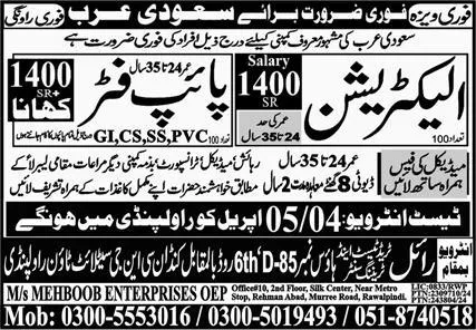 Electrician Jobs Open In Saudi Arabia 2024 – Shabnum Recruting Agency Jobs 2024 — original advertisement