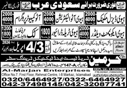Heavy Diesel Mechanic & Heavy Auto Electrician Jobs 2024 – Harmain Trade Test & Technical Training Center Jobs 2024 — original advertisement