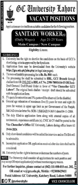 GC University Lahore Punjab Jobs 2024 – Government College University Lahore Jobs 2024 — original advertisement