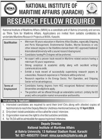 National Institute Of Maritime Affairs NIMA Jobs 2024 – National Institute of Management Nim Islamabad Jobs 2024 — original advertisement