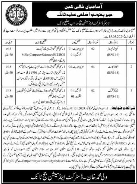 District & Session Court Tank  Khyber Pakhtunkhwa Jobs 2024 – District & Session Judge Jobs 2024 — original advertisement