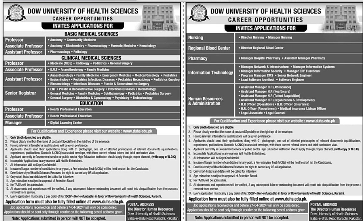 Dow University of Health Sciences Karachi Jobs 2024 Jobs 2024 — original advertisement