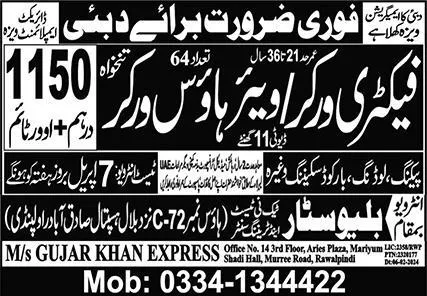 Factory Worker & Warehouse Worker Jobs 2024 In Dubai – Blue Star Techni Test & Training Center Jobs 2024 — original advertisement