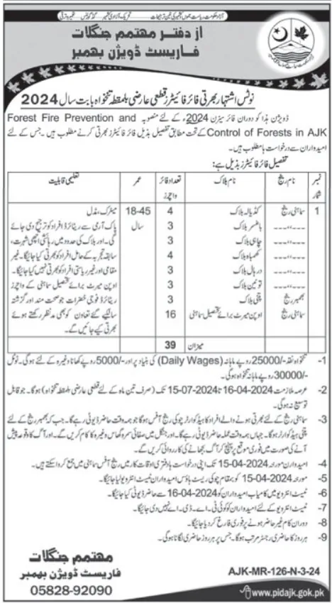 Forest & Wildlife Department Bhimber Jobs 2024 – Forest Wildlife & Department Azad Jammu Kashmir Jobs 2024 — original advertisement
