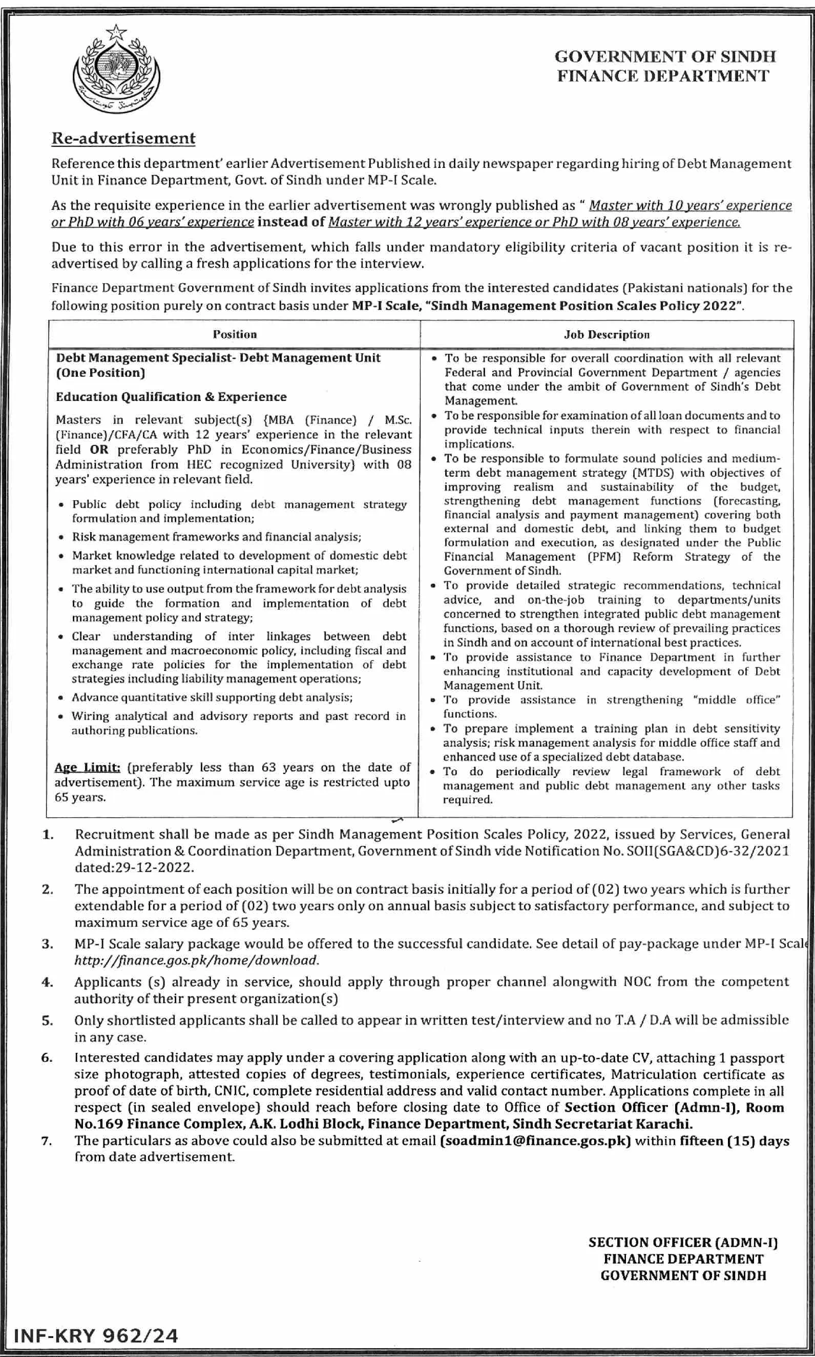 Finance Department Karachi Jobs 2024 – Finance Department Govt of Sindh Jobs 2024 — original advertisement