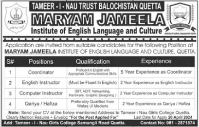 Maryam Jameela Institute Of English Language & Culture Jobs – Tameer e Nau College Jobs 2024 — original advertisement