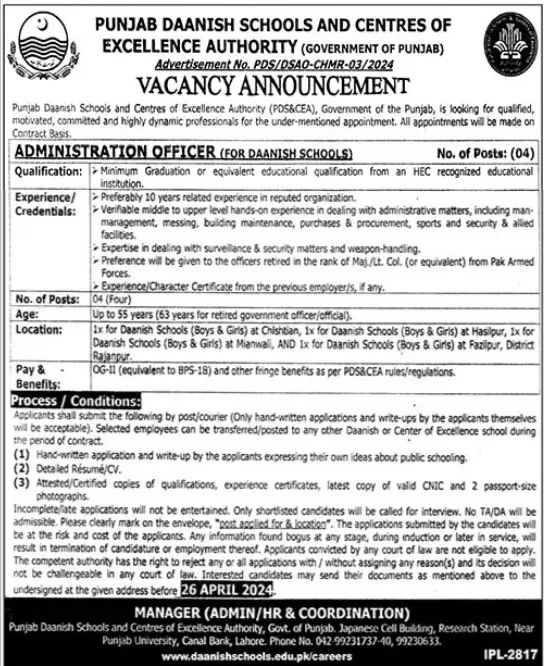 Daanish Schools PDS&CEA Lahore Jobs 2024 – Punjab Daanish School Jobs 2024 — original advertisement