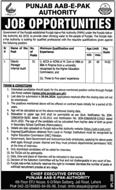 Punjab Aab E Pak Authority PAPA Lahore Jobs 2024 Jobs 2024 — original advertisement