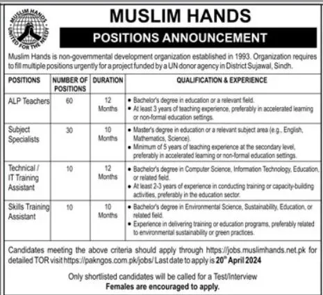 Muslim Hands Sujawal Sindh Jobs 2024 Jobs 2024 — original advertisement