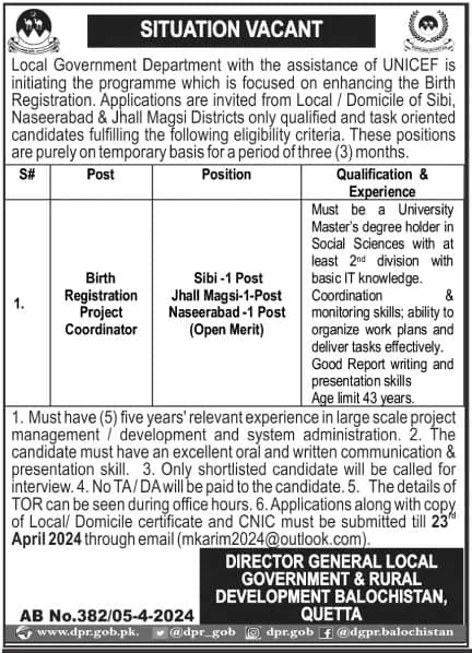 Local Government And Rural Development Balochistan Jobs 2024 – Local Government and Rural Development Department Balochistan Jobs 2024 — original advertisement
