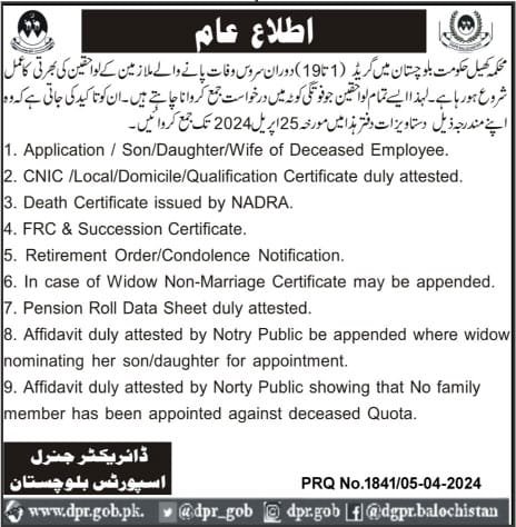 Sports Department Balochistan Deceased Quota Jobs 2024  – Sports and Youth Affairs Department Balochistan Jobs 2024 — original advertisement