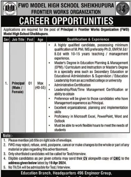 Frontier Works Organization FWO Sheikhupura Jobs  2024 Jobs 2024 — original advertisement