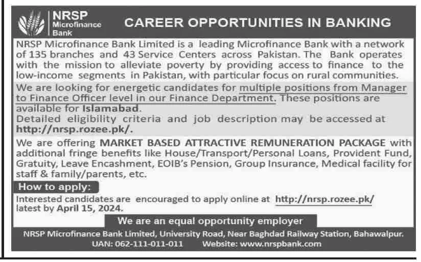NRSP Microfinance Bank Limited Jobs 2024 – National Rural Support Program NRSP Jobs 2024 — original advertisement