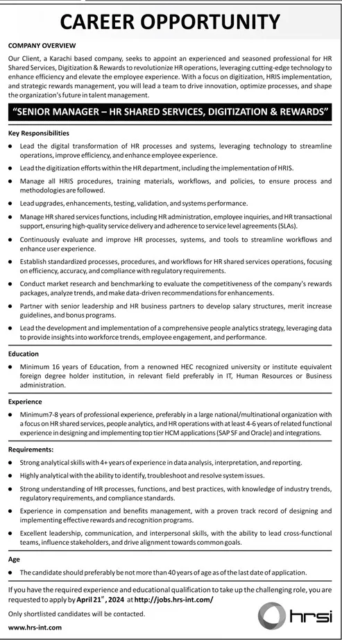 Human Resource Solution International HRSI Jobs 2024 – HRSG People and Business karachi Jobs 2024 — original advertisement