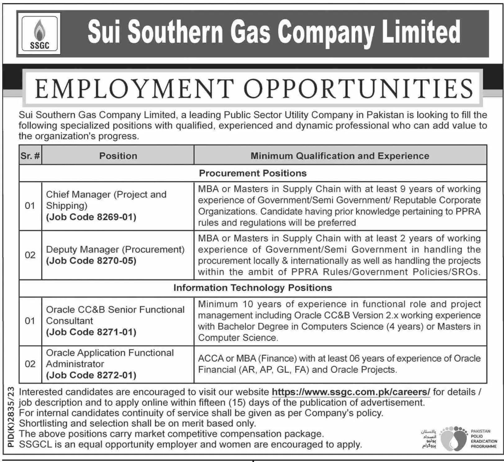 Sui Southern Gas Company Limited SSGC Sindh Jobs 2024 Jobs 2024 — original advertisement