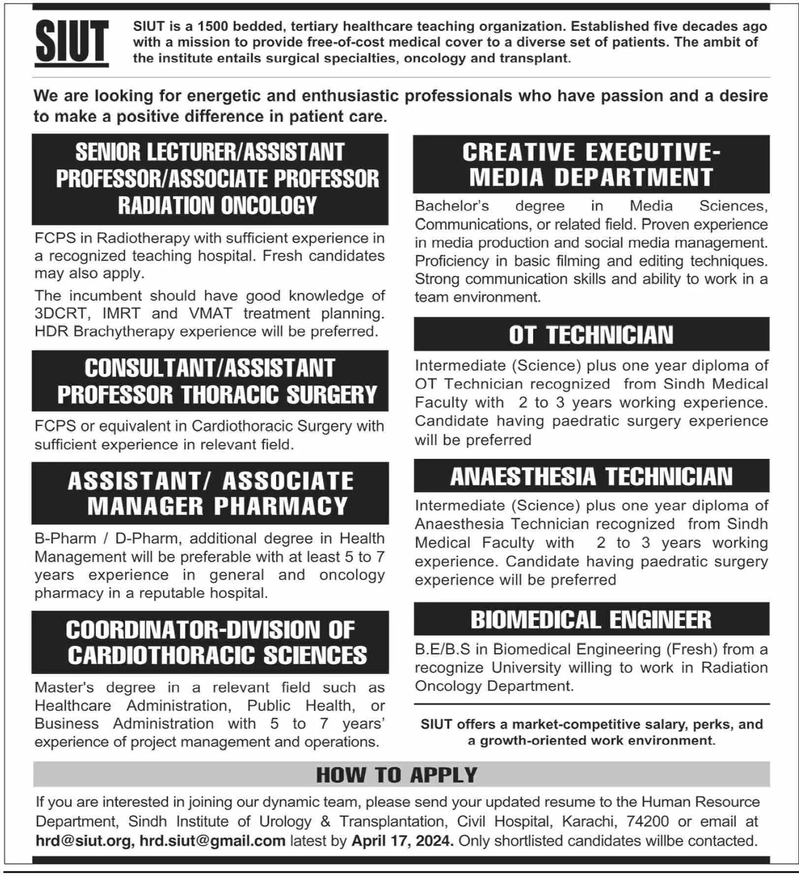Sindh Institute of Urology and Transplantation Job 2024 – Sindh Institute of Urology and Transplantation SIUT Karachi Jobs 2024 — original advertisement