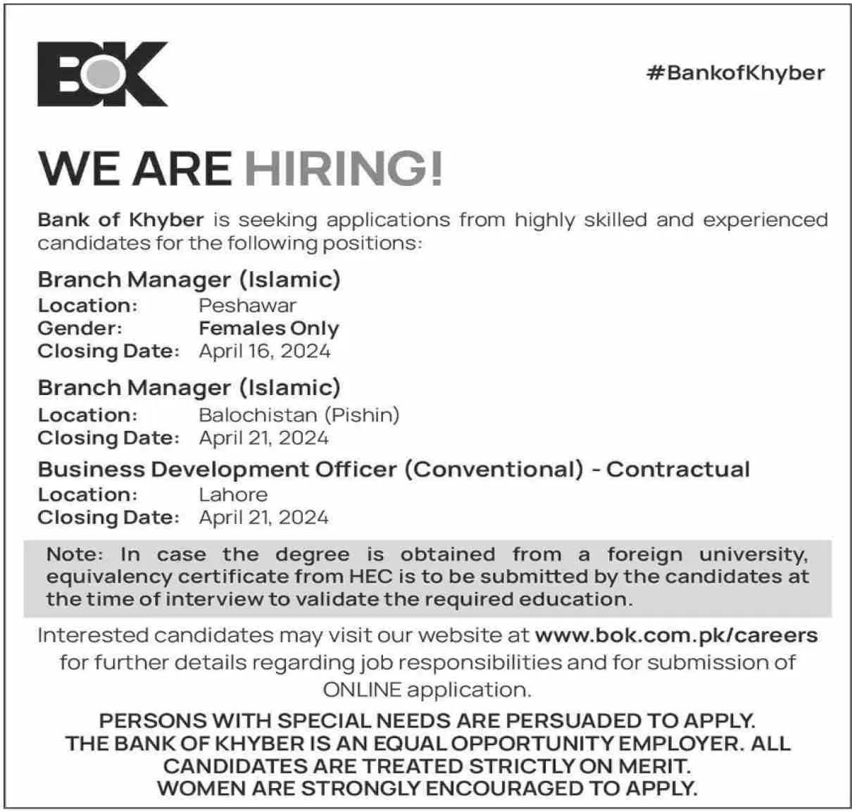 The Bank Of Khyber BOK Jobs 2024 Jobs 2024 — original advertisement