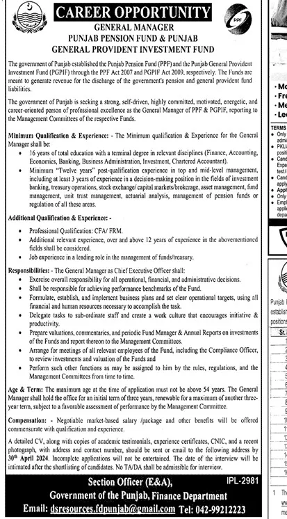 Finance Department Punjab Jobs 2024 Jobs 2024 — original advertisement