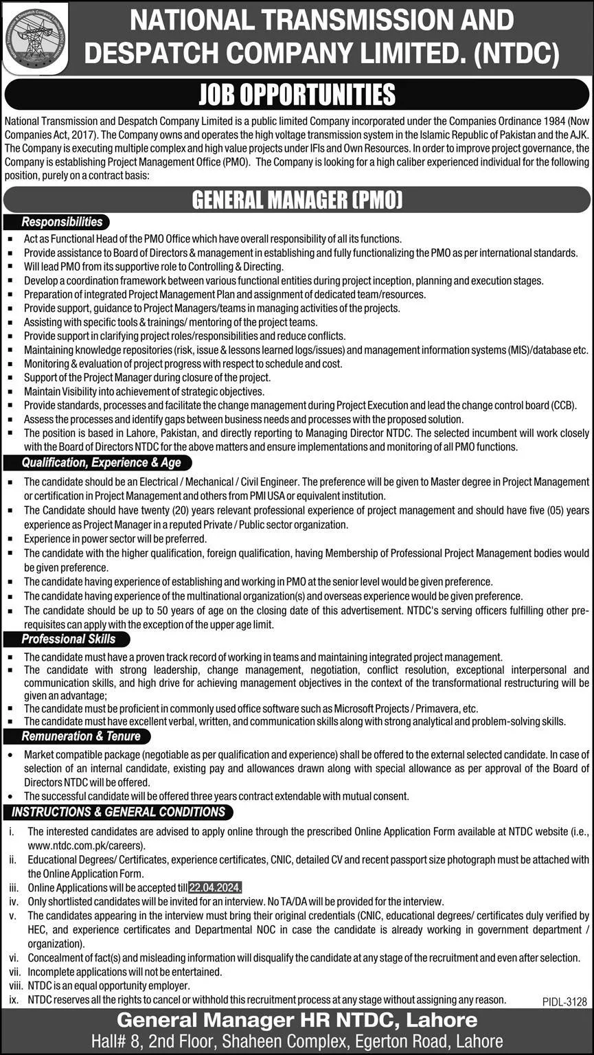 National Transmission And Despatch Company Jobs 2024 – National Transmission & Despatch Company NTDC Jobs 2024 — original advertisement