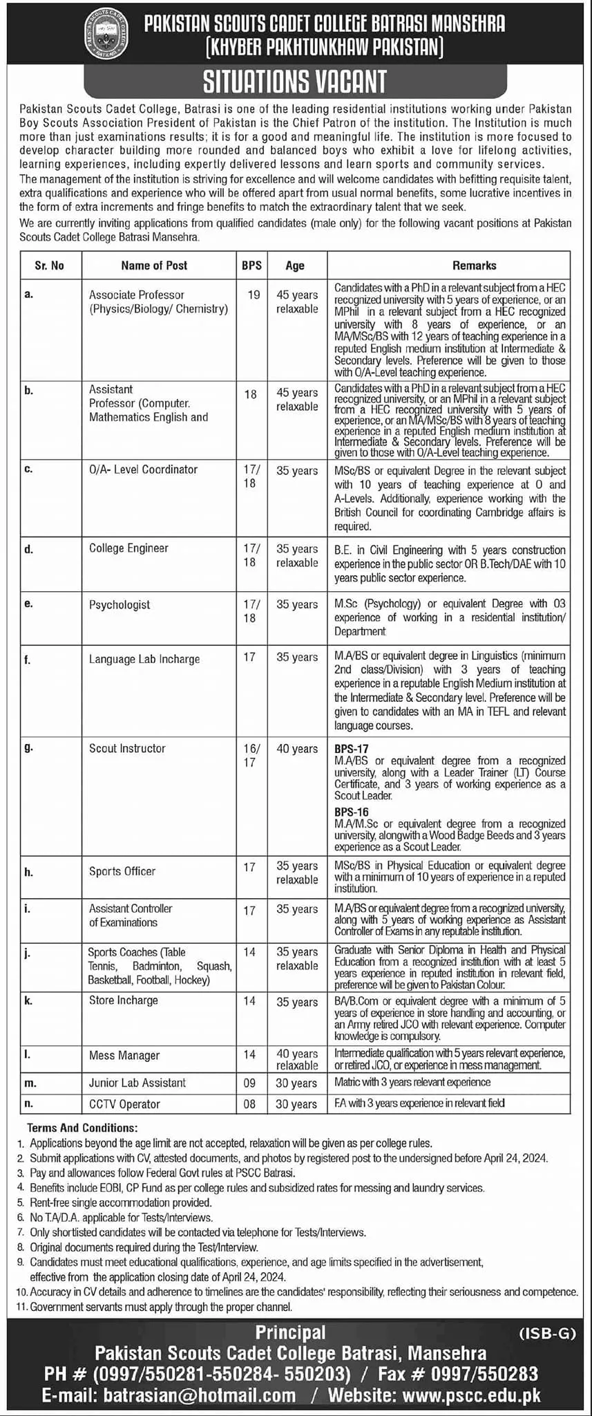 Pakistan Scouts Cadet College Batrasi Manshera Jobs 2024 – Pakistan Scouts Cadet College Batrasi Mansehra Jobs 2024 — original advertisement