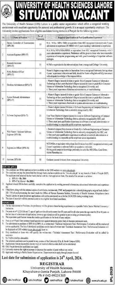 University Of Health Sciences Lahore Jobs 2024 Jobs 2024 — original advertisement