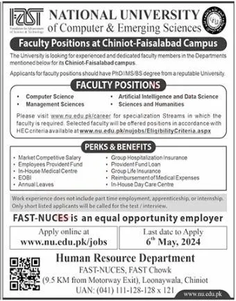National University Chiniot Faisalabad Jobs 2024 – FAST - National University of Computer & Emerging Sciences Jobs 2024 — original advertisement
