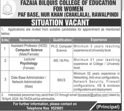 Fazaia Bilquis College of Education For Women Jobs 2024 – Fazaia Schools & Colleges Jobs 2024 — original advertisement