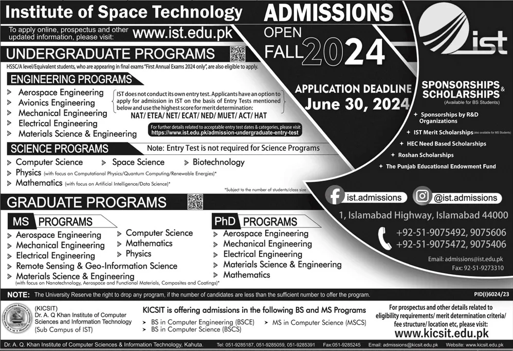 Admission Open in Institute of Space Technology Islamabd – Institute of Space Technology ITS Islamabad Admissions 2024 — original advertisement