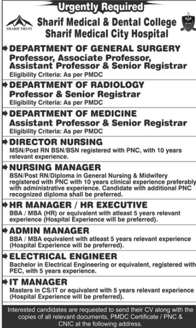 Sharif Medical And Dental College Lahore Jobs 2024 Jobs 2024 — original advertisement