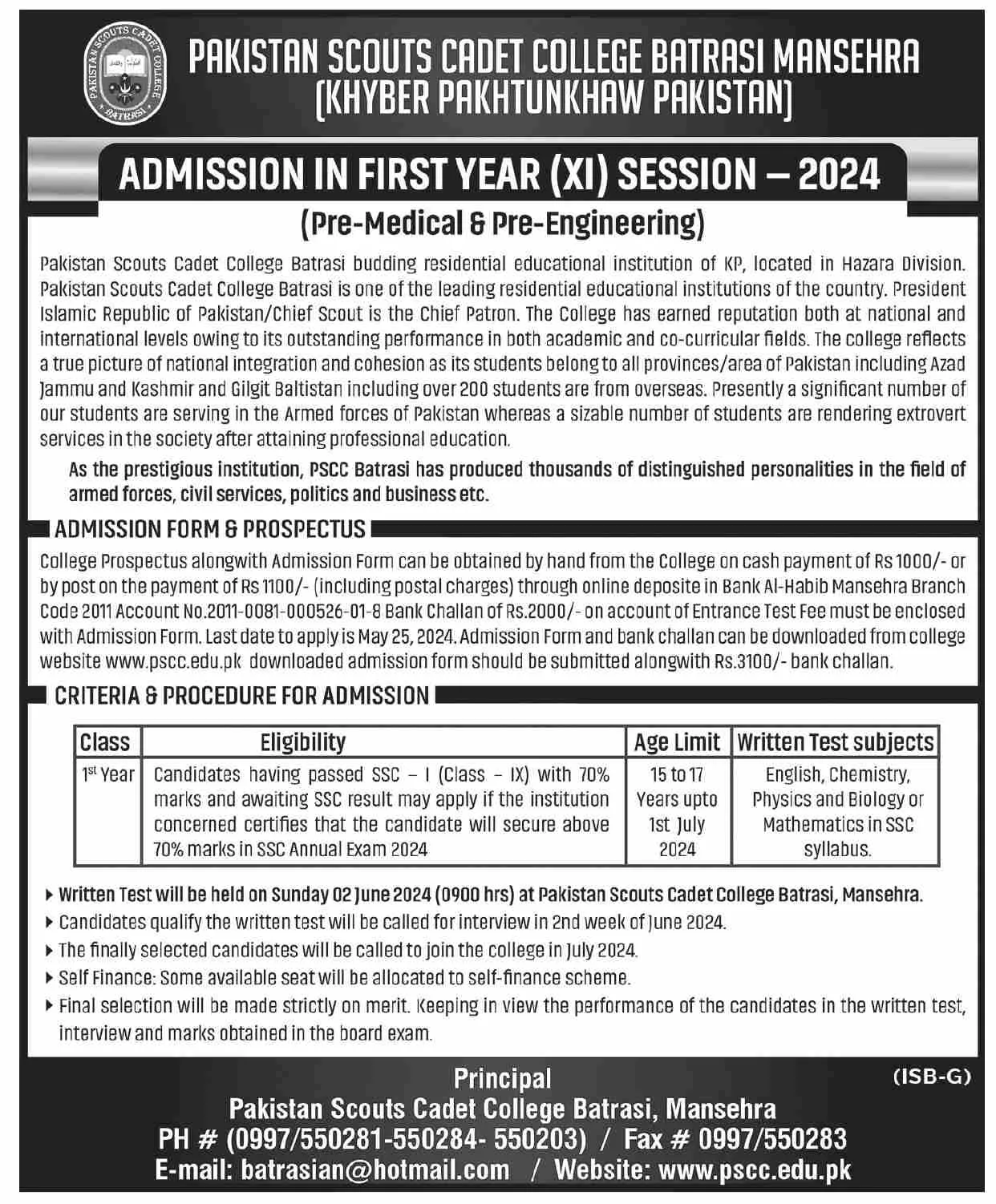 Admissions in Pakistan Scouts Cadet College Batrasi – Pakistan Scouts Cadet College Batrasi Mansehra Admissions 2024 — original advertisement