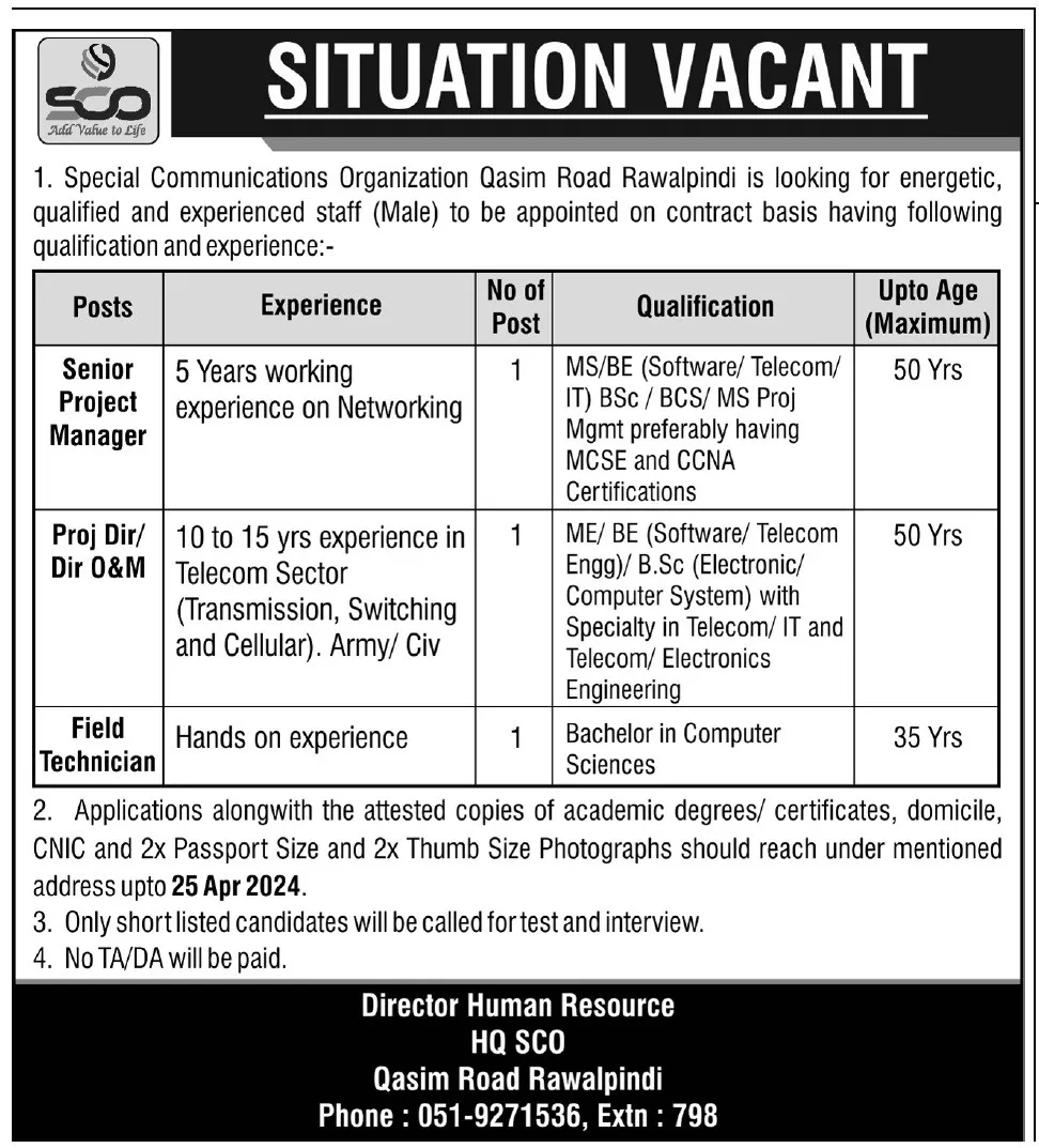 Special Communications Organization Rawalpindi Jobs – Special Communication Organization Jobs 2024 — original advertisement
