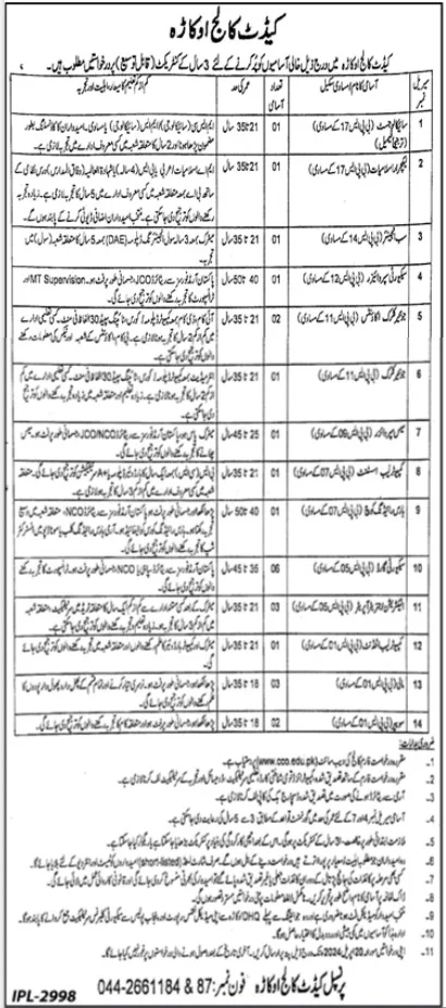 Cadet College Okara Jobs 2024 – Cadet College Okara Punjab Jobs 2024 — original advertisement