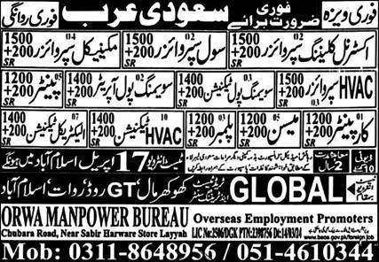 HVAC Supervizor And Civil Supervizor Jobs in Saudia Arabia – Orwa Manpower Bureau Jobs 2024 — original advertisement