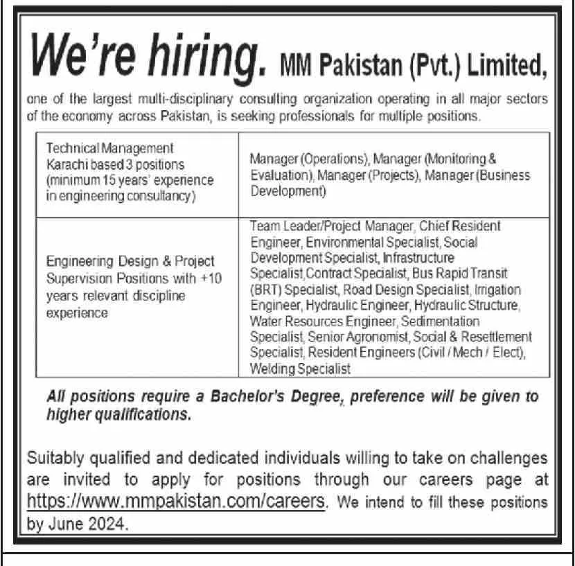 MM Pakistan Pvt Ltd Karachi Jobs 2024 – Private Company Jobs 2024 — original advertisement